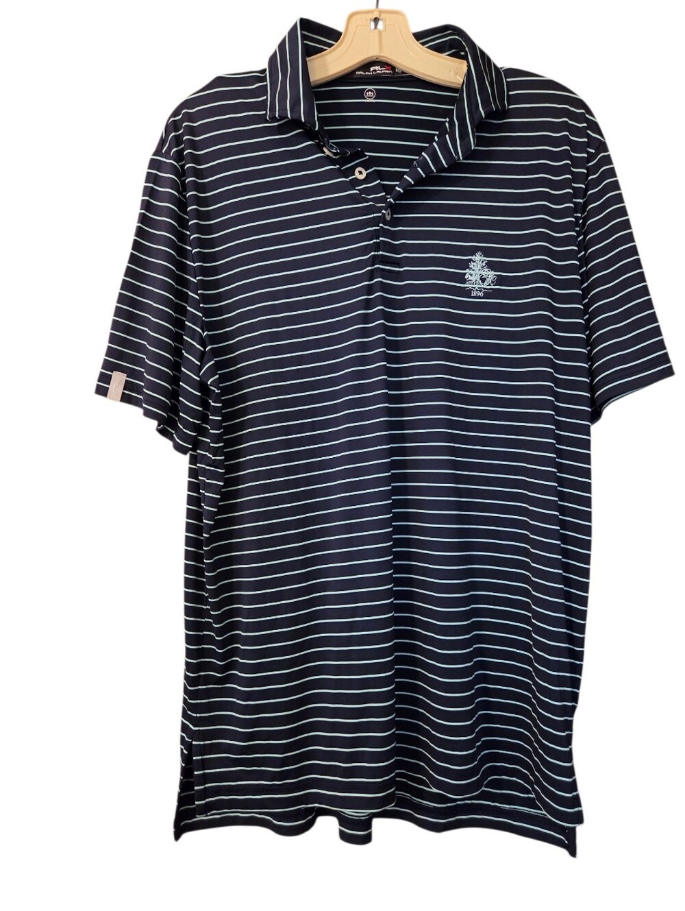 Ralph Lauren RLX 1896 Navy Blue/ Mint Green Stripe Polo Shirt Golf Size Medium